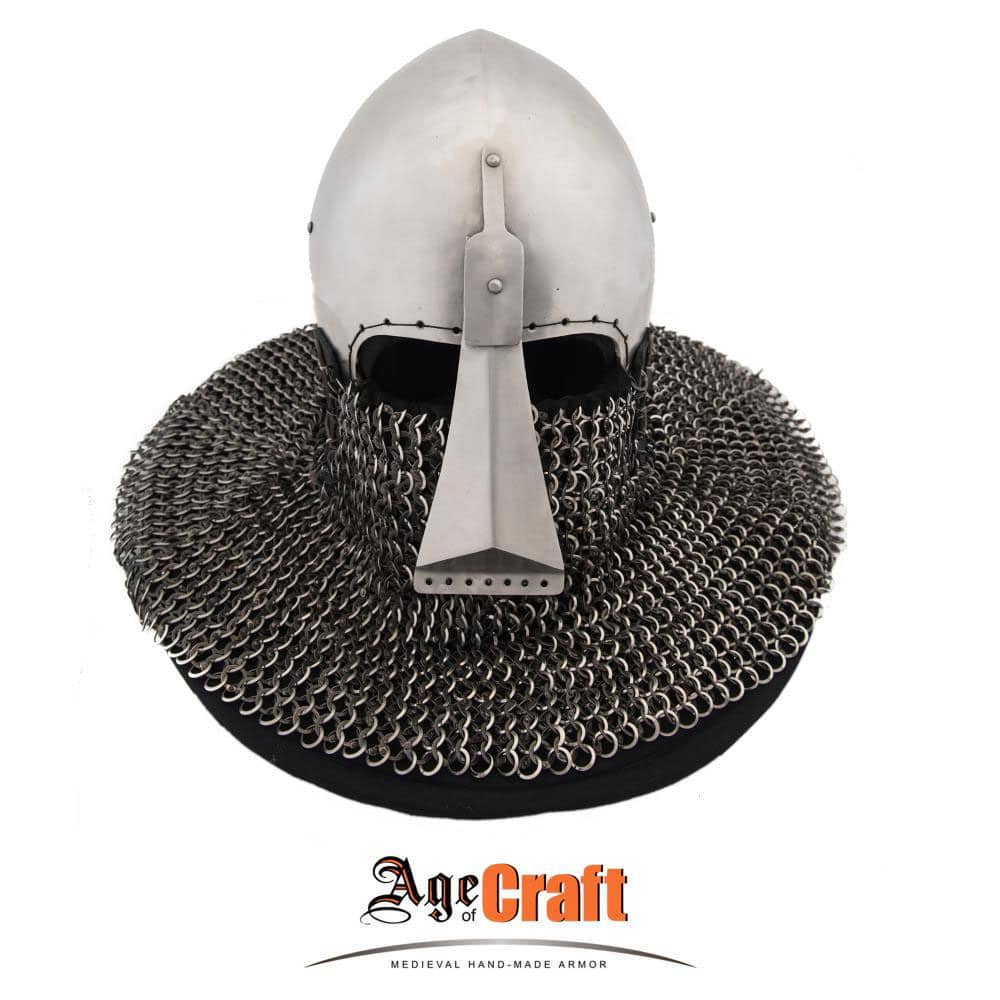 Age of Craft - HMB Nasal Bascinet with Mail and Padded Pelerine - 12 Gauge Tempered Spring Steel