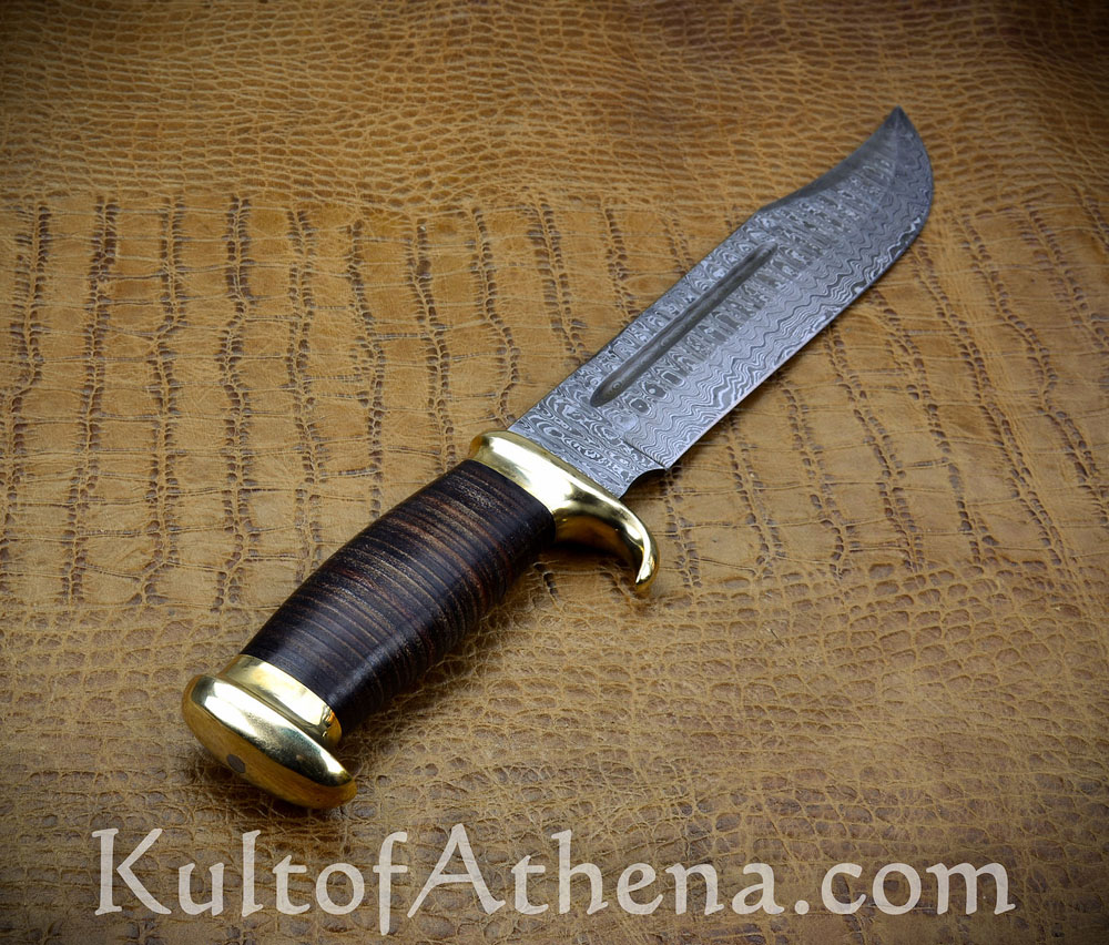 Appalacian Bowie - Damascus Blade with Stacked Leather Grip