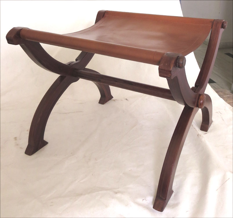 Folding Wooden Stool with Leather Seat