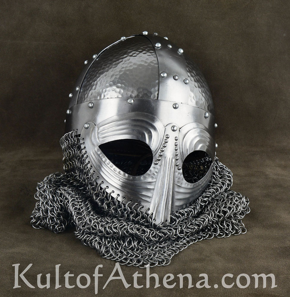 Viking Vendel Helm with Hammered Detail and Camail - 18 Gauge