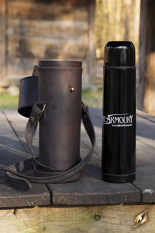 Leather Thermos Holder with Thermos - Black