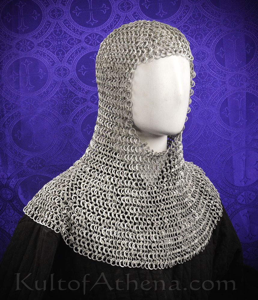 Aluminum Chainmail Coif - Dome Riveted Round Rings and Alternating Flat Rings - Lord of Battles