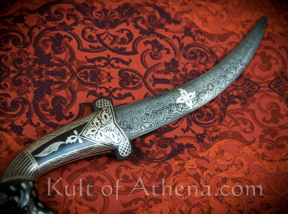 Small Damascus and Koftgari Indian Dagger with horse pommel
