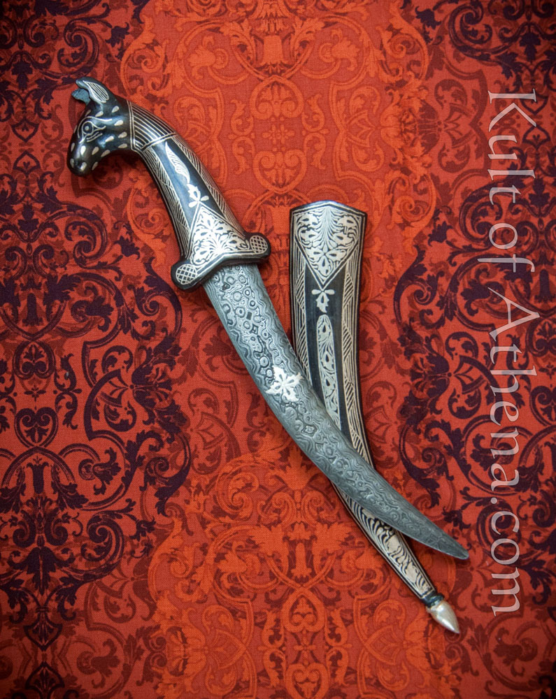 Small Damascus and Koftgari Indian Dagger with horse pommel