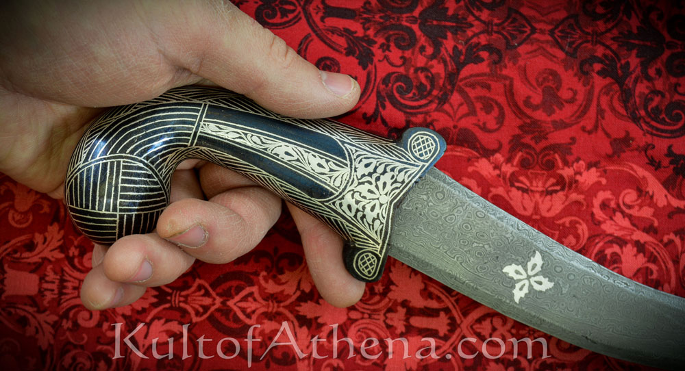 Damascus and Koftgari Inlay Dagger with Round Pommel