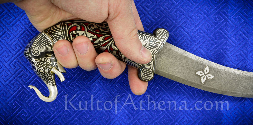 Damascus and Koftgari Inlay Dagger with Elephant Pommel