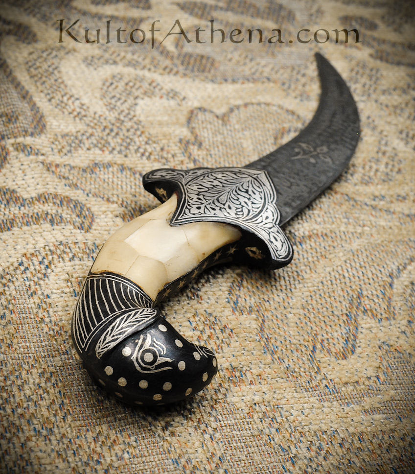 Damascus and Koftgari Inlay Indian Dagger with Bone Grip