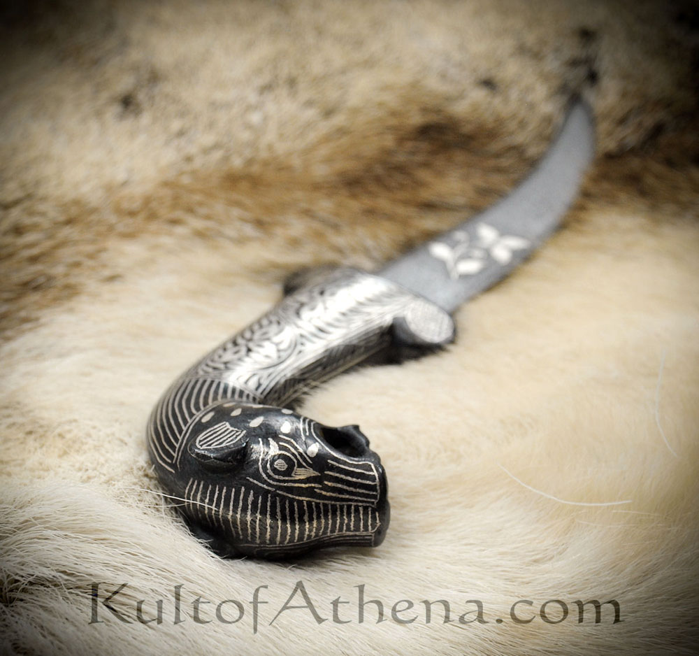 Small Damascus and Koftgari Inlay Indian Dagger with Tiger Head Pommel