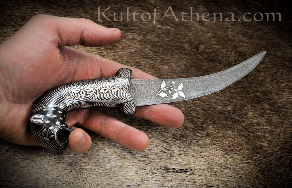Small Damascus and Koftgari Inlay Indian Dagger with Tiger Head Pommel