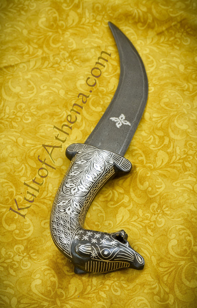 Damascus and Koftgari Inlay Dagger with Dhole Head Pommel
