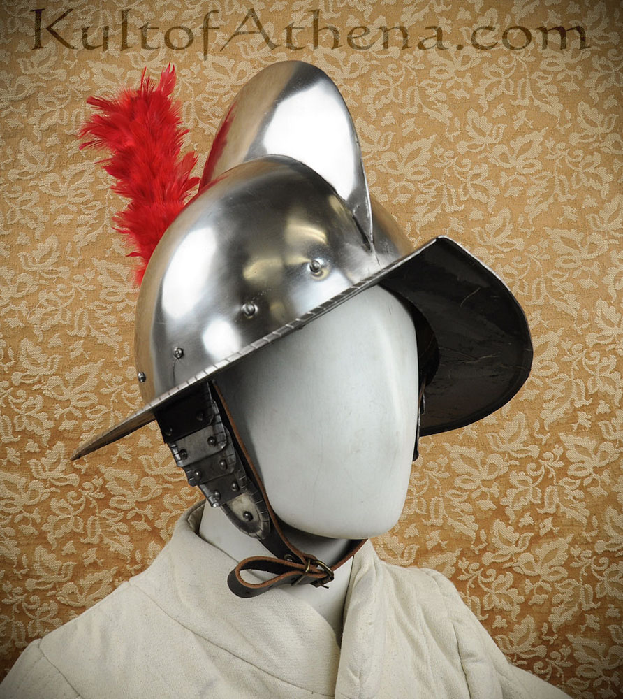 Combed Morion Helm with Red Plume - 16 Gauge Steel