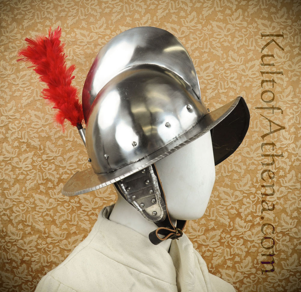 Combed Morion Helm with Red Plume - 16 Gauge Steel