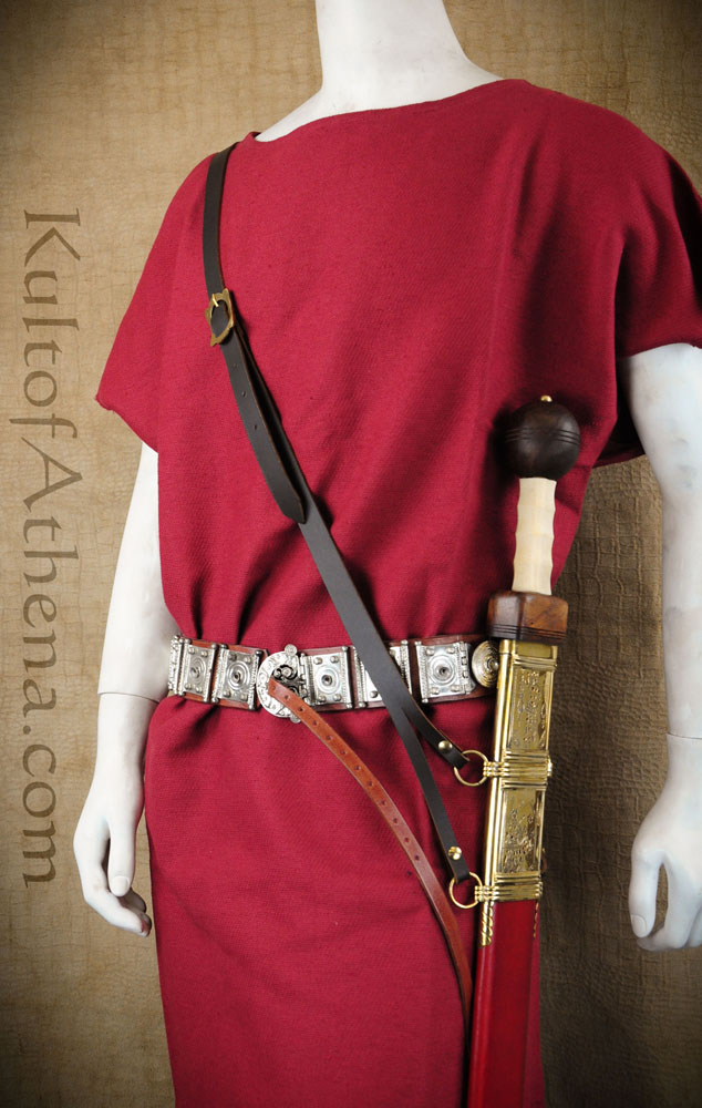 Leather Roman Sword Baldric - Brown - Wearing on Left Hip