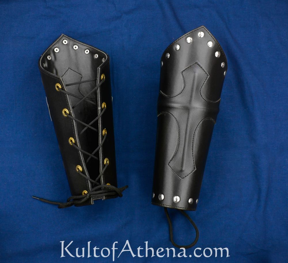 Cross Embossed Leather Bracers - Black - Lord of Battles - Kult of Athena