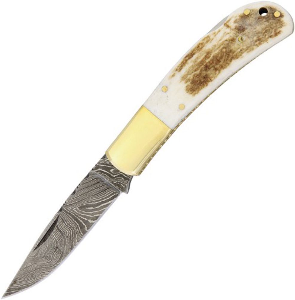 Damascus Steel Folding Pocketknife with Stag Handle