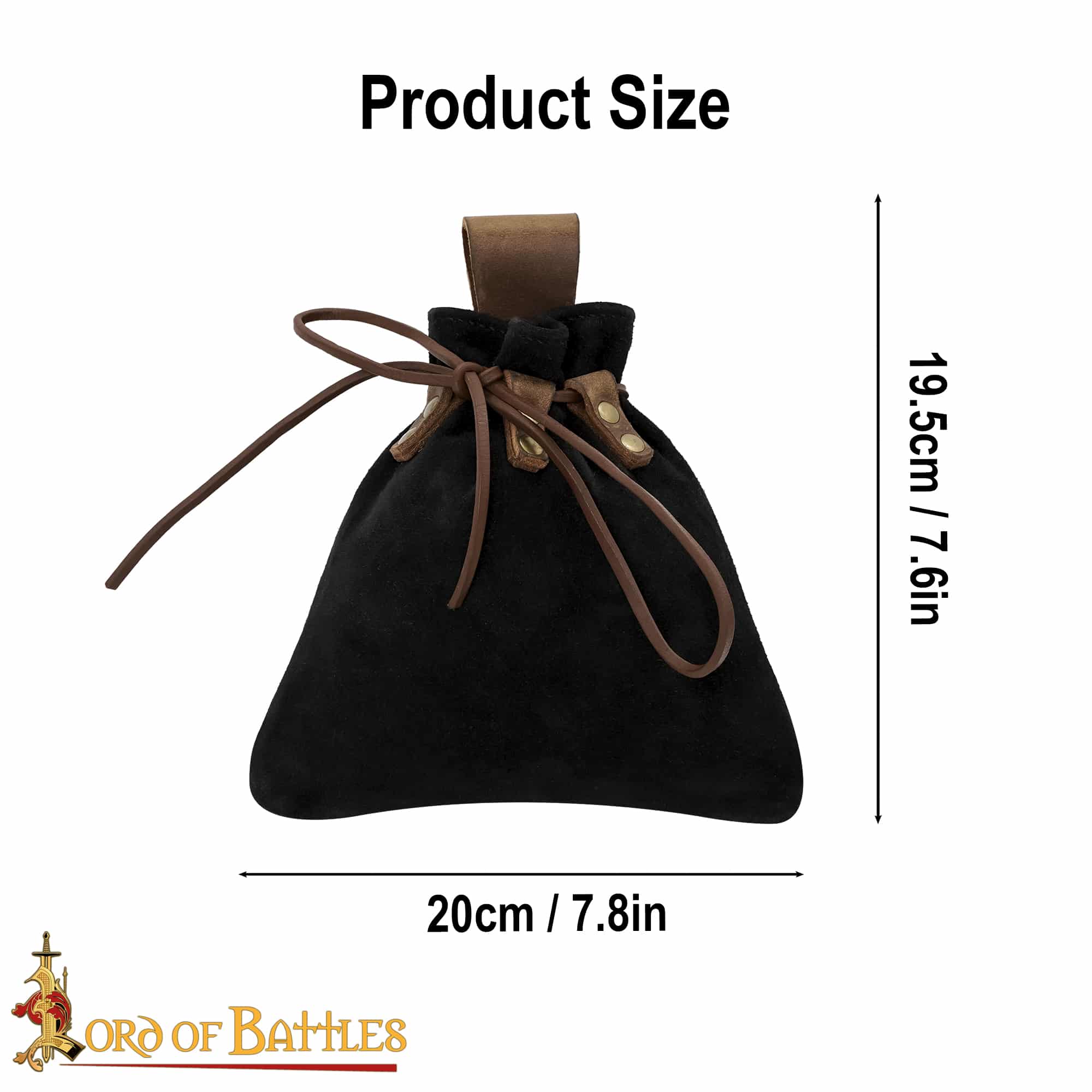 Medieval Drawstring Belt Pouch - Handcrafted Genuine Suede Leather - Black