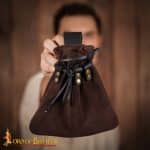 Medieval Drawstring Belt Pouch - Handcrafted Genuine Suede Leather - Brown