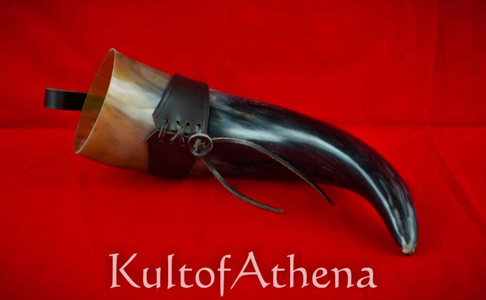 Lord of Battles - Large Viking Drinking Horn with Brown Leather Belt Holder