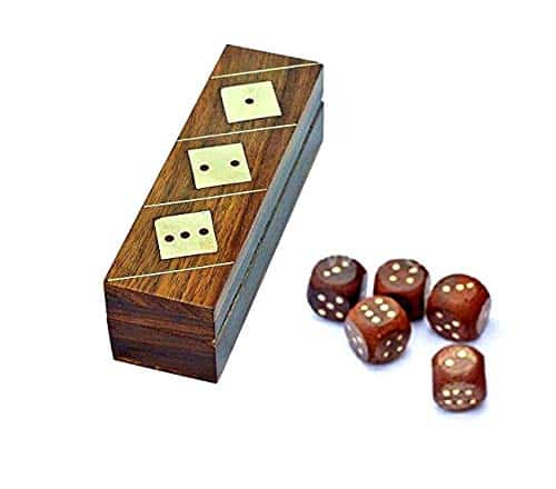 Mythrojan Wooden Dice Box Storage with Dice Set of 5 – Rectangular Case with Decorative Work –- Handmade Arts and Crafts