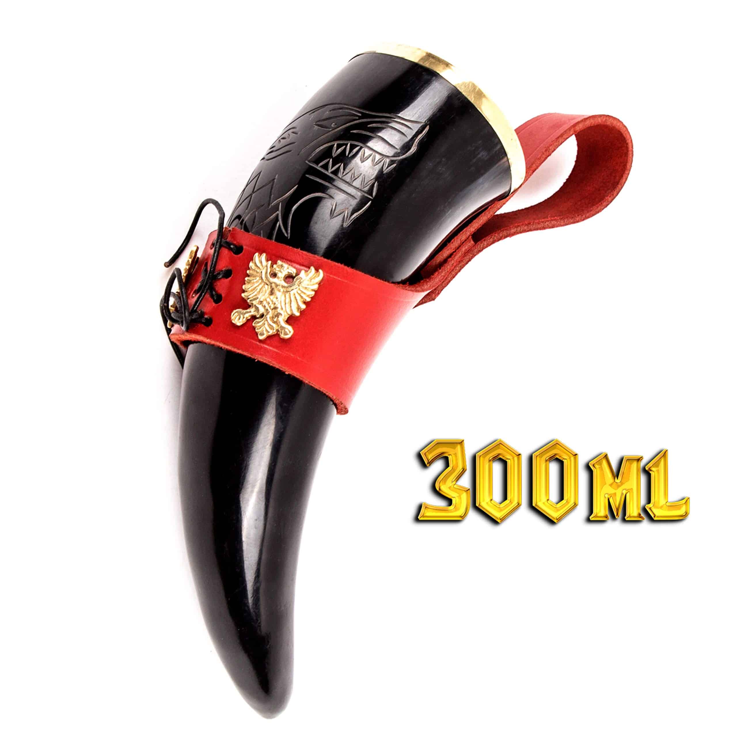 Mythrojan The King of The North - Viking Drinking Horn with Leather Holder - Polished Finish - 300 ML / with Red Leather Holder