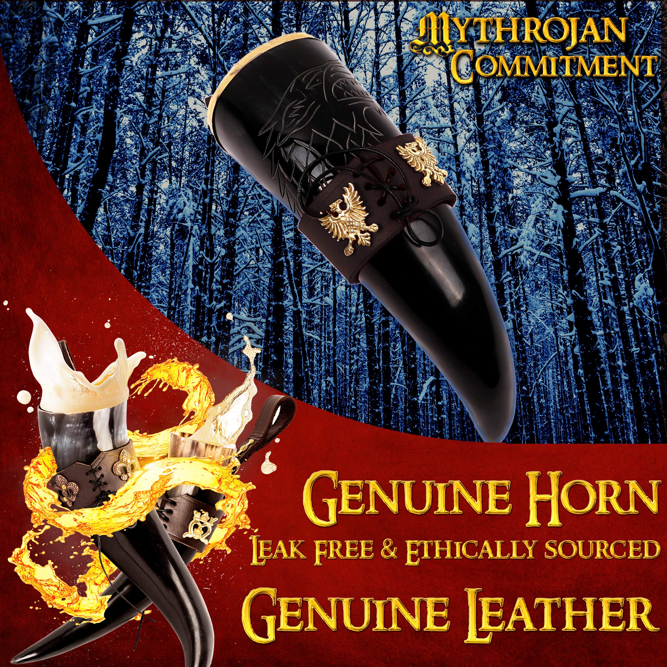 Mythrojan The King of The North - Viking Drinking Horn with Leather Holder - Polished Finish - 300 ML / with Brown Leather Holder