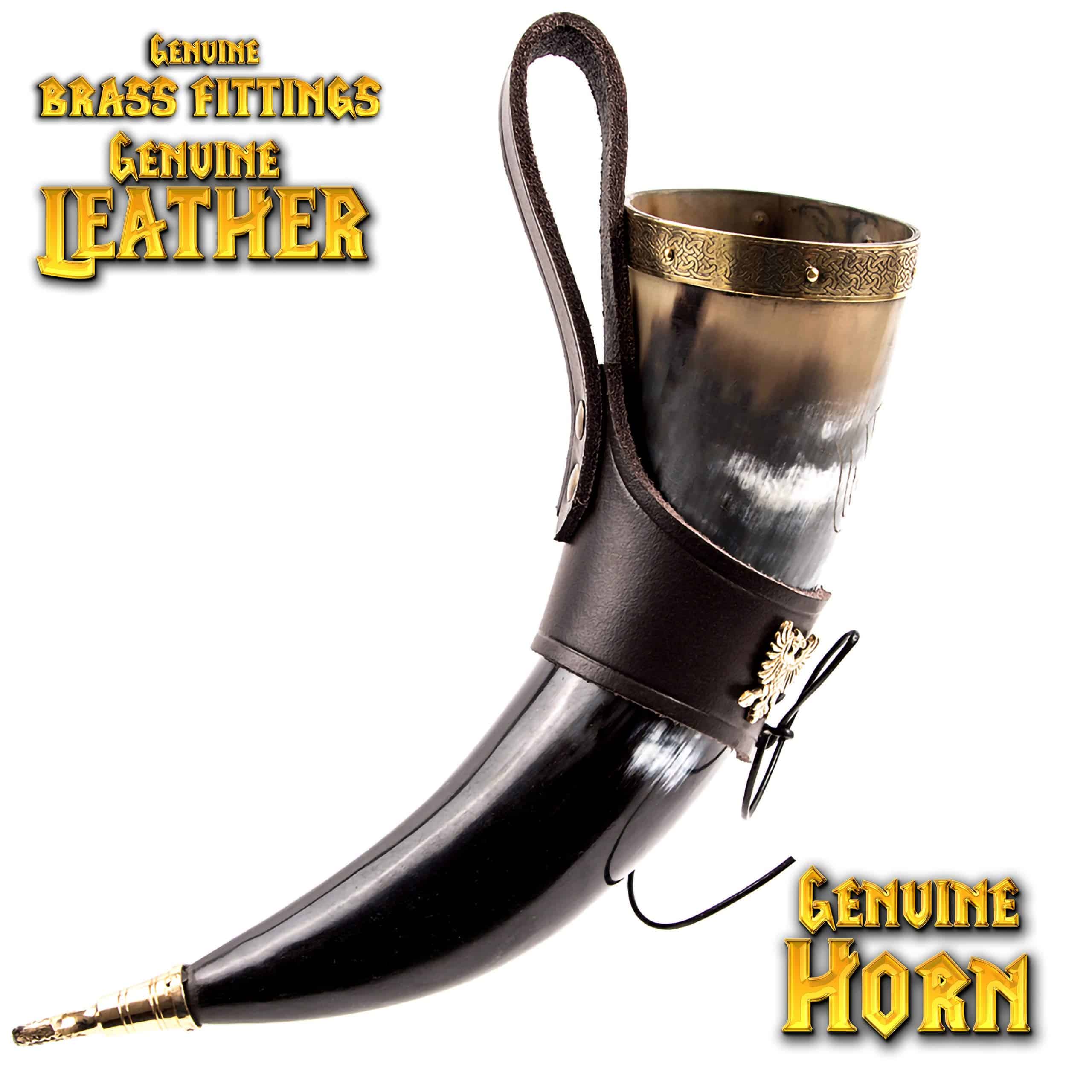 Mythrojan The Bird of Prey Viking Drinking Horn with Brown Leather Holder Authentic Medieval Inspired Viking Wine/Mead Mug - Polished Finish