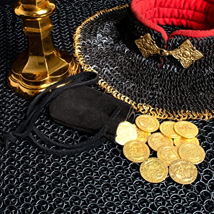 Mythrojan 20 Solid Brass LARP Gold Coins and Suede Leather Trinket Bag : LARP Pirate Treasure Pouch Purse