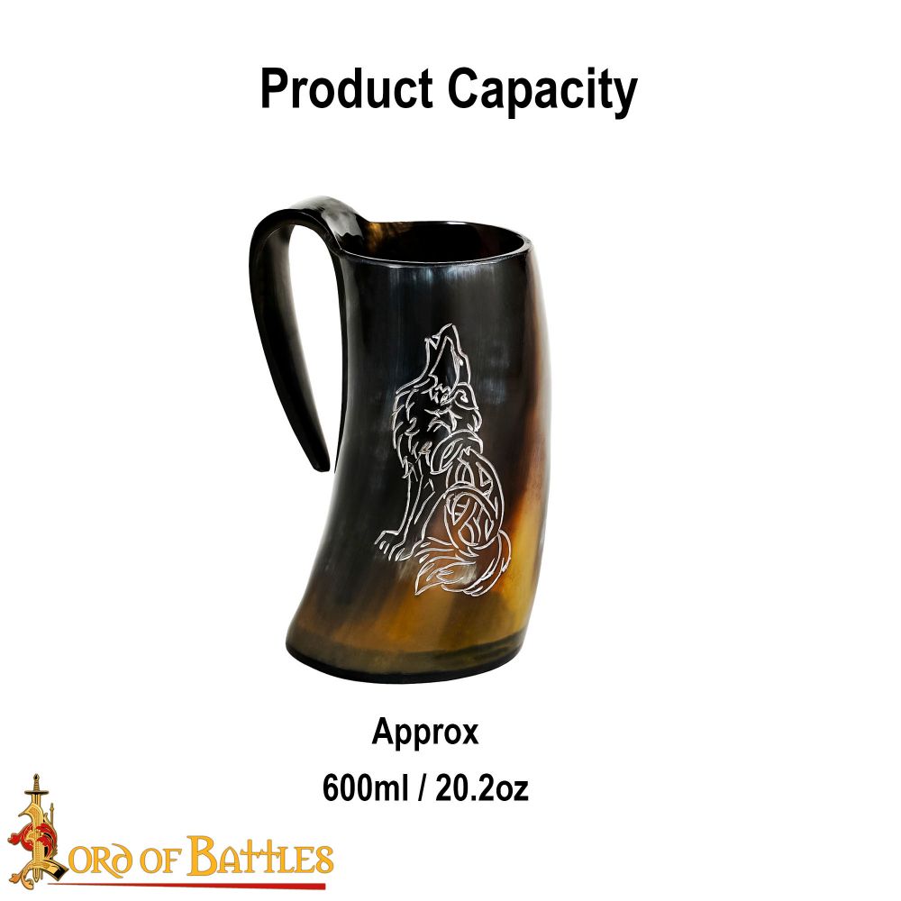 Horn Tankard with Wolf Engraved Design