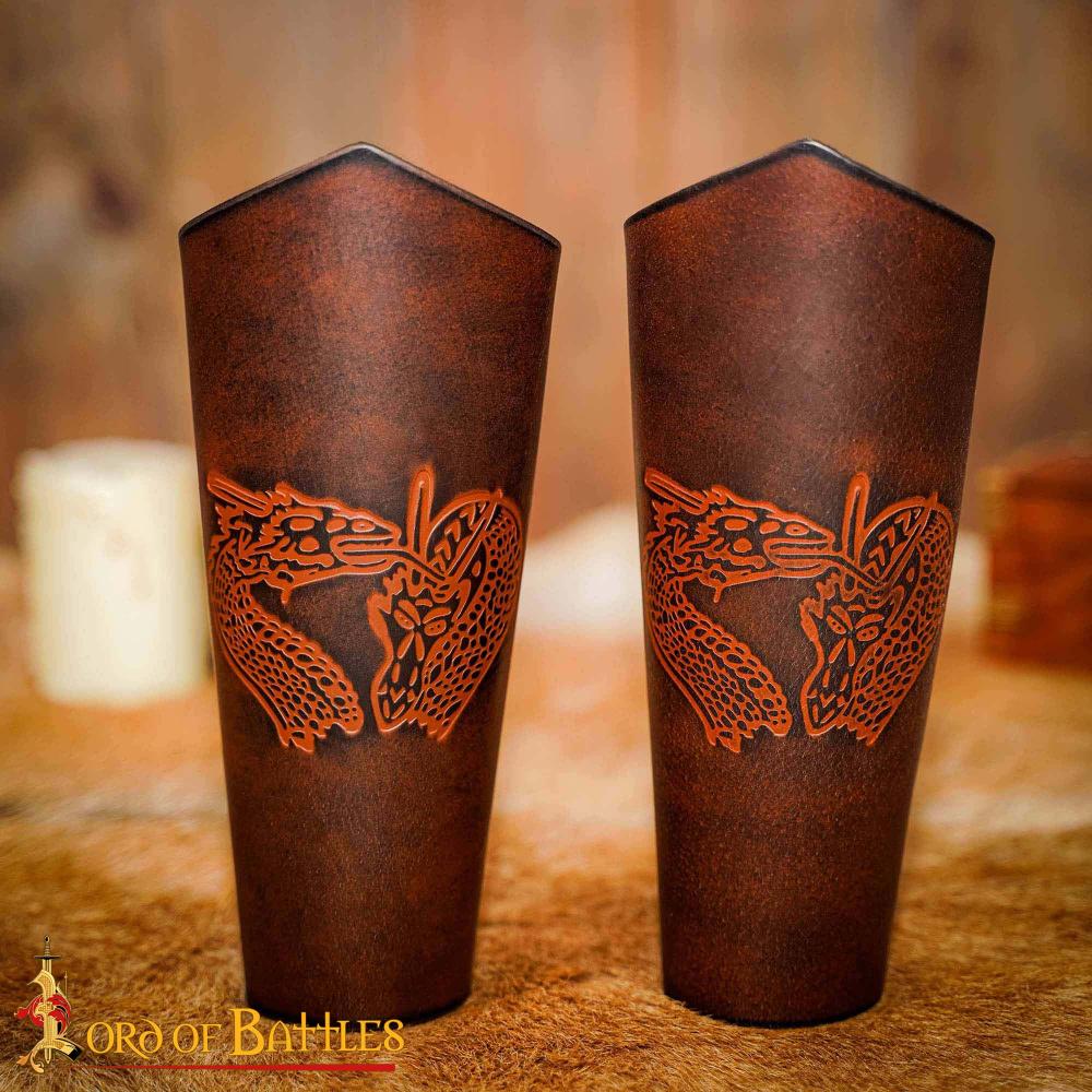 Double Dragons Genuine Leather Bracers Set - Brown - Lord of Battles