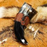 Brown Leather Drinking Horn Holder with Embossed Design - Smaller Version - Lord of Battles