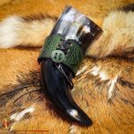 Green Leather Drinking Horn Holder with Embossed Design - Smaller Version - Lord of Battles