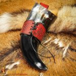 Maroon Leather Drinking Horn Holder with Embossed Knotwork Design - Larger Version - Lord of Battles