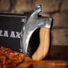 "Mythrojan Pizza Axe with etching & brown Scabbard"