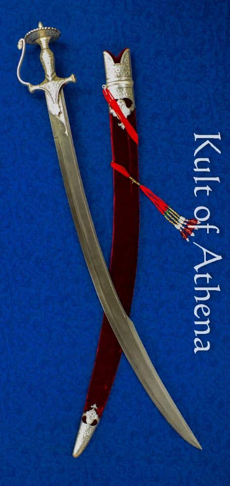 Damascus and Silver Koftgari Indian Talwar with Red Scabbard 1- Universal Swords