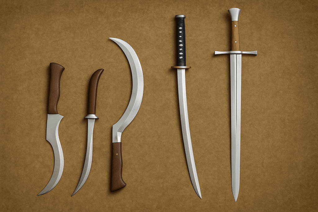 historical swords laid out on a table